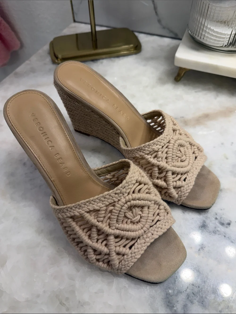 Veronica Beard Woven Macramé Slide Wedge in Beige